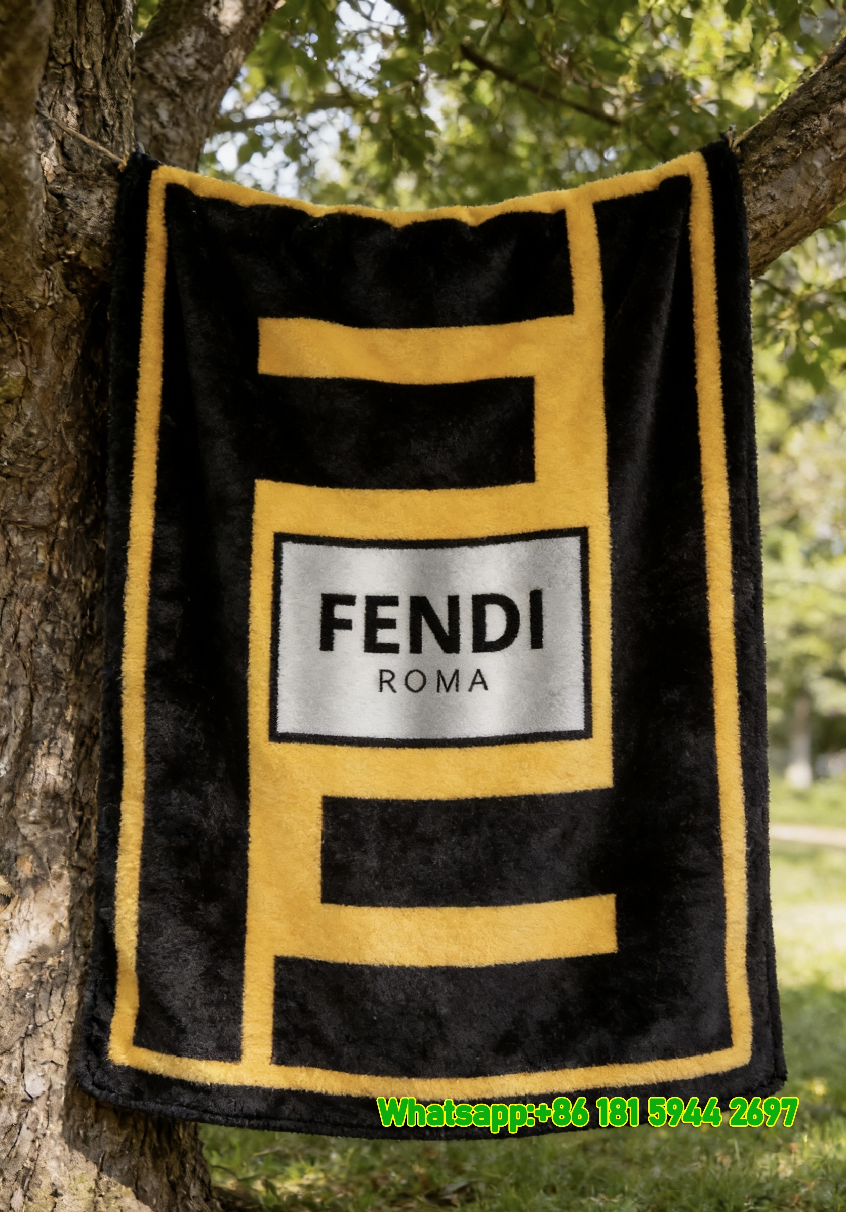 Fendi Roma Yellow FF Logo Black Flannel Sofa Throw Blanket IMG_9457
